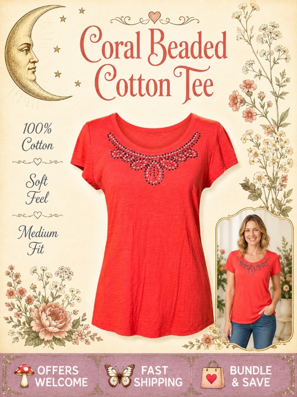 Merona Coral Beaded Tee 100% Cotton Medium Soft & Stylish